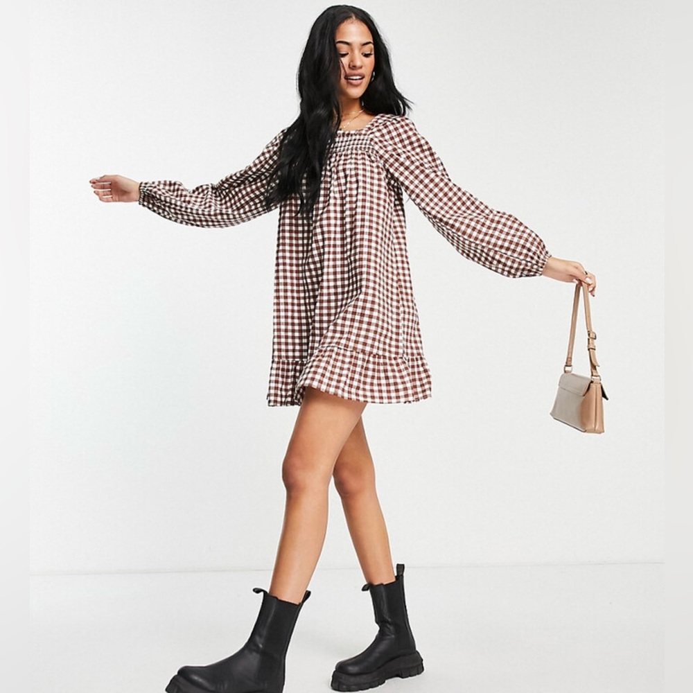 Gingham Smock Dress Puff Sleeves Ruffle Mini Dress 8